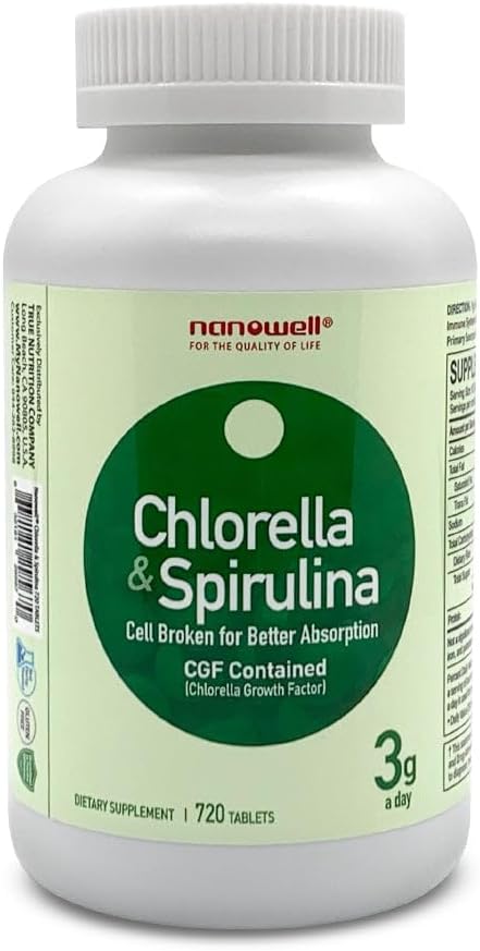 NANOWELL Chlorella & Spirulina 720 Tablety - Chlorella, Spirulina, Antioxidanty, Vitamíny, Bohaté na proteiny, Zlomená buněčná zeď (720 Počet)