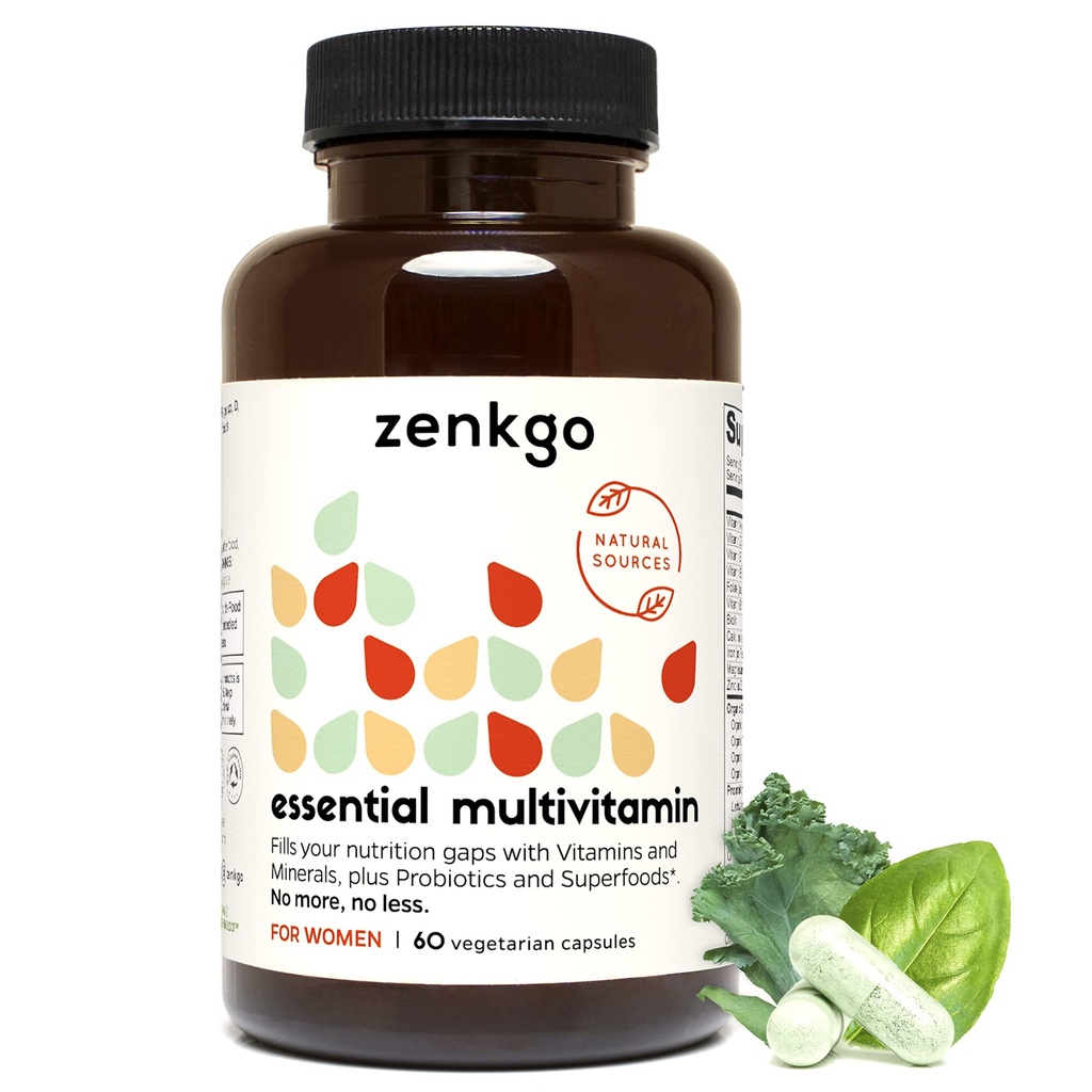 Zenkgo Ženské vitamíny + Probiotika 25B CFU + Organic Whole Foods, Podporuje imunitu, Digestion, Energy, Daily Vitamins A, E, B6, B12, Vegan D3, K2 (MK-7), Folát, Minerály, Superfoods (60Ct / 30Day)