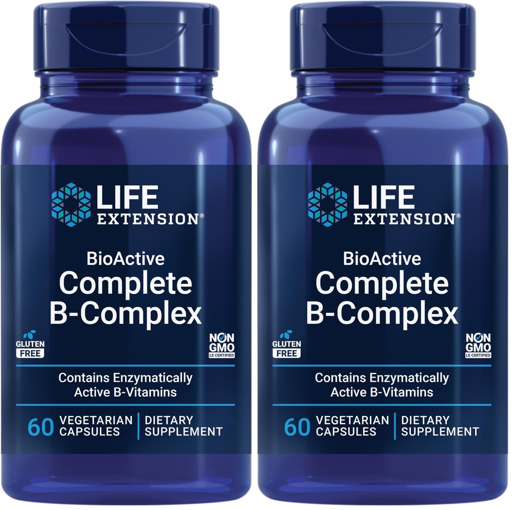 Life Extension Bioactive Kompletní B- Complex, Podpora srdce, mozku a nervů, Zdravá energie, Metabolismus, Kompletní B Complex, 60 Vegetariánských kapslí (Balení po 2)