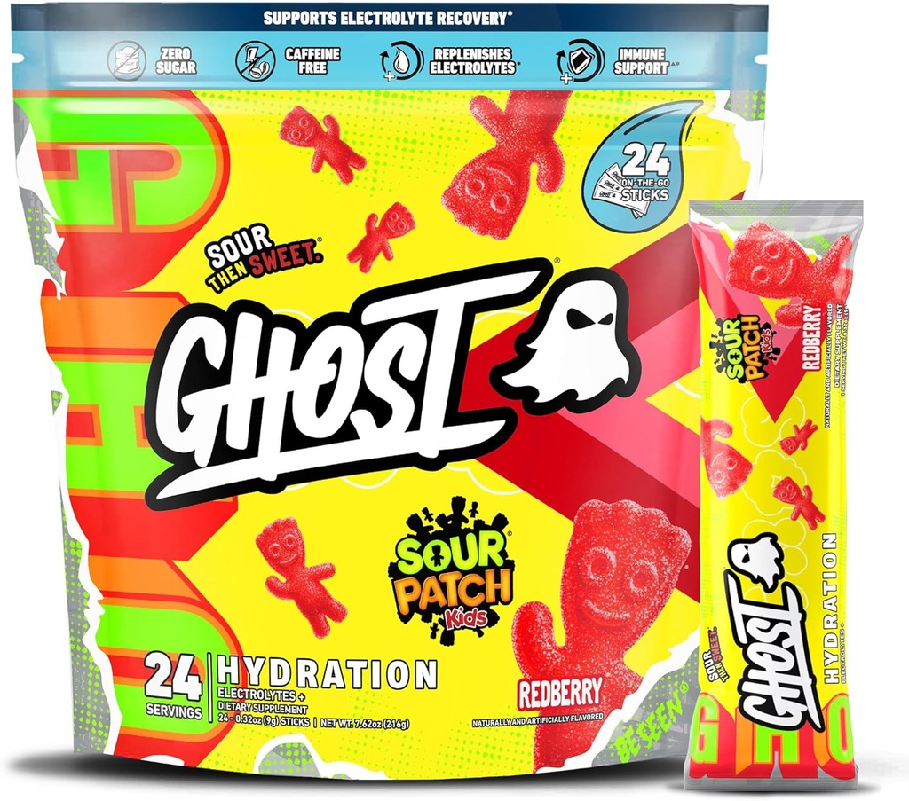 GHOST Hydratační balíčky, Sur Patch Kids Redberry, 24 Sticks, Electrolyte Powder - Nápoj Mix s hořčík, draslík, vápník, vitamín C - Vegan, bez soli, cukr a gluten