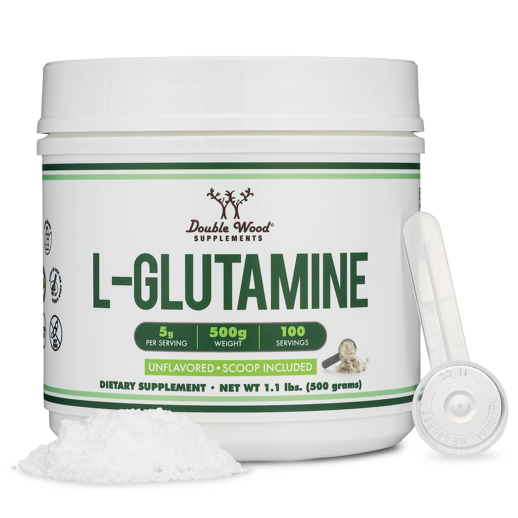 L glutamin Powder 1,1lbs (100 Servings of 5 Grams Each - Třetí strana testována L- glutamin Powder) Neochucený, Keto, Vegan Friendly (with Scoop) pro cvičení Endurance a Gut zdraví Double Wood