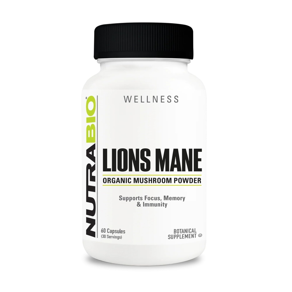 NutraBio Lions Mane Doplněk Capsules- Organic Lion 's Mane Houbový prášek (500mg) - Focus, Paměť, imunita - 60 Zeleninové kapsle