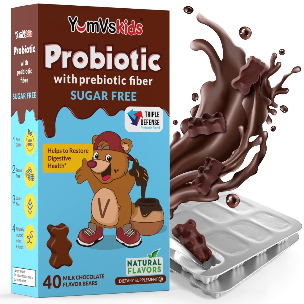 YumVs Probiotika pro děti s prebiotickým vláknem Cukr Čokoládový Žvýkací doplňky zdarma - Dietní doplněk Žvýkačky pro stravovací zdraví - Taddlers, Děti & Teens 60 Počet