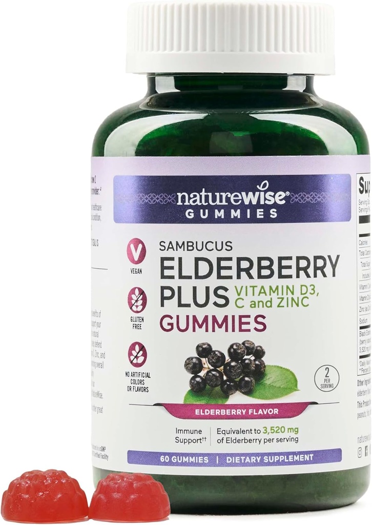 NatureWise Sambucus Elderberry Gummies - Doplněk imunitní podpory pro děti ve věku 4 + a dospělé s vitaminem C, D3, zinek - bezinky Ekvivalentní k 3520mg - Vegan, Non- GMO - 60 Počet [30-denní zásobování]
