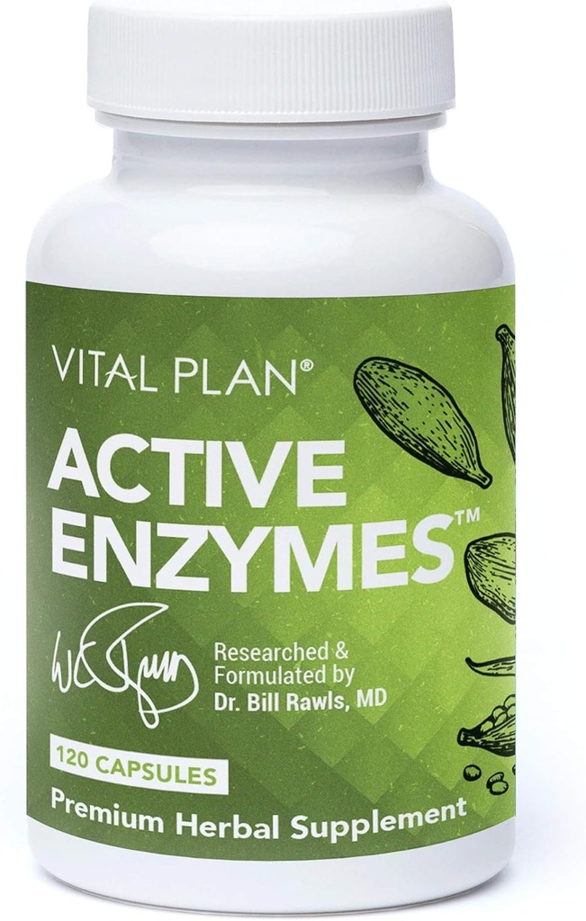 Vitální plán Aktivní Enzymy Dodatek Dr. Bill Rawls - Dědičné Enzymy pro Gut Health & Digestion - Protéza, Bromelain, Lactase, Amylase & Lipáza (120 Kapsle)