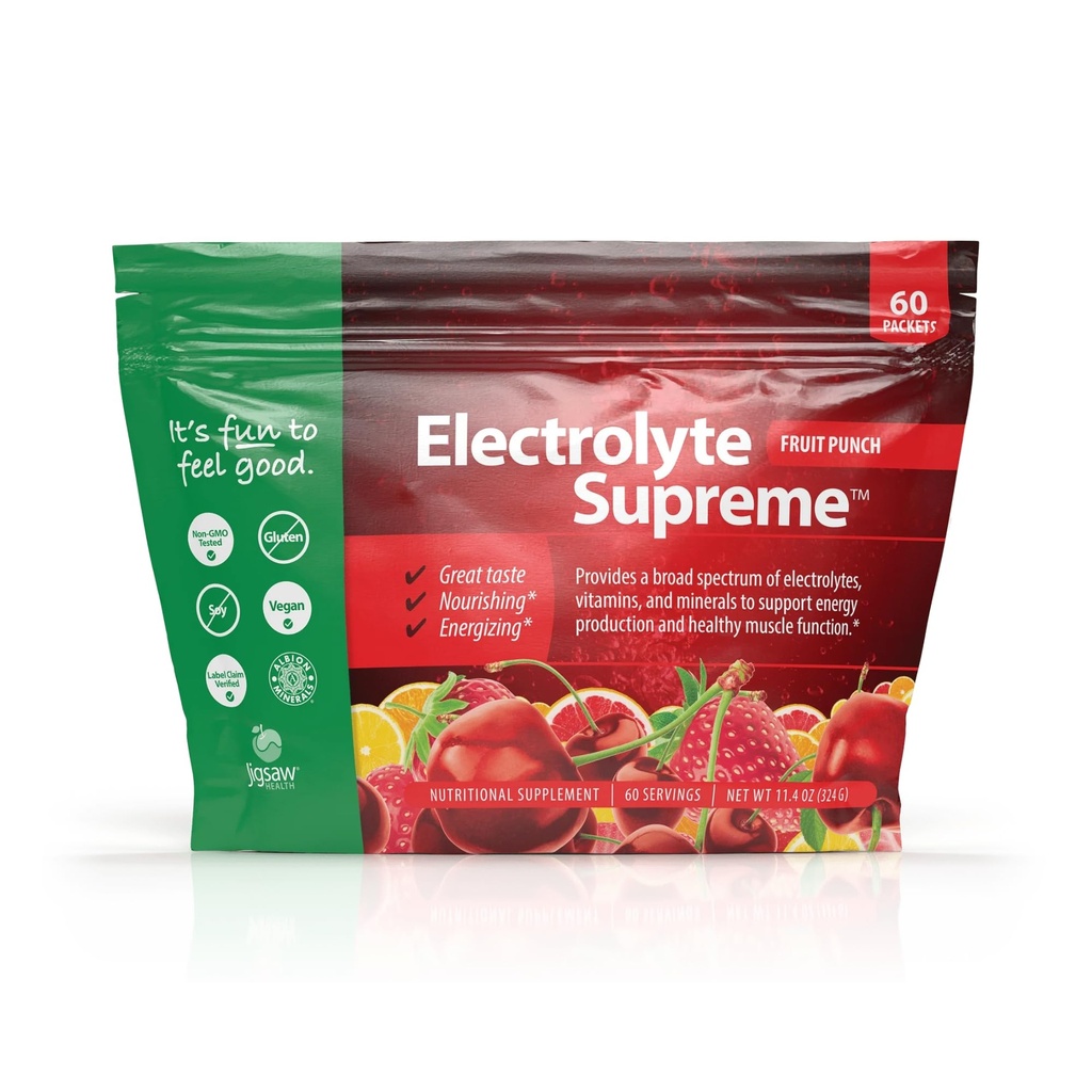 Jigsaw Health Electrolyte Supreme I124; Broad Spectrum of Electrolytes + Trace Minerals I124; Fruit Punch Flavor I124; 60 Servings (Packets)