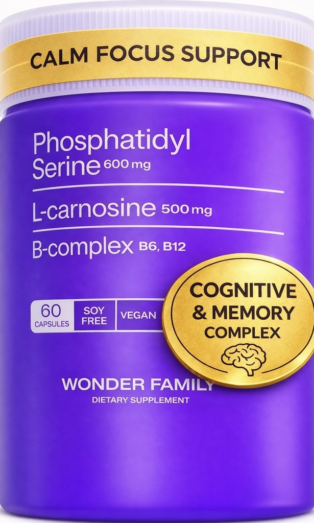 Fosfatidylserin 600 mg s L- Carnosinum 500 mg + B6, B12 & Folát - non- Soy Sunflower PS Complex - Plant- based, Non- GMO - Podporuje kognitivní funkci, buněčnou membrane integritu - 60 Kapsle