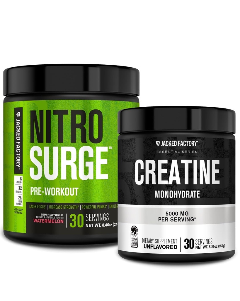 Jacked Factory NITROSURGE Pre- Workout Dodatek - Intenzivní čerpadla (30 Servings, Meloun) & Creatin Monohydrát prášek pro růst svalů (30 Servings, Neochucené)