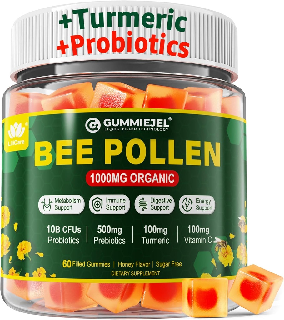 Stravovací zdraví a hmotnost Bee Pollen Organic 1000mg, w / Probiotika, Prebiotika & Turmeric, Bee Pollen Gummies bohaté na B- Vitamin, Antioxidanty, Amino kyseliny, pro stravovací, Váha a energie