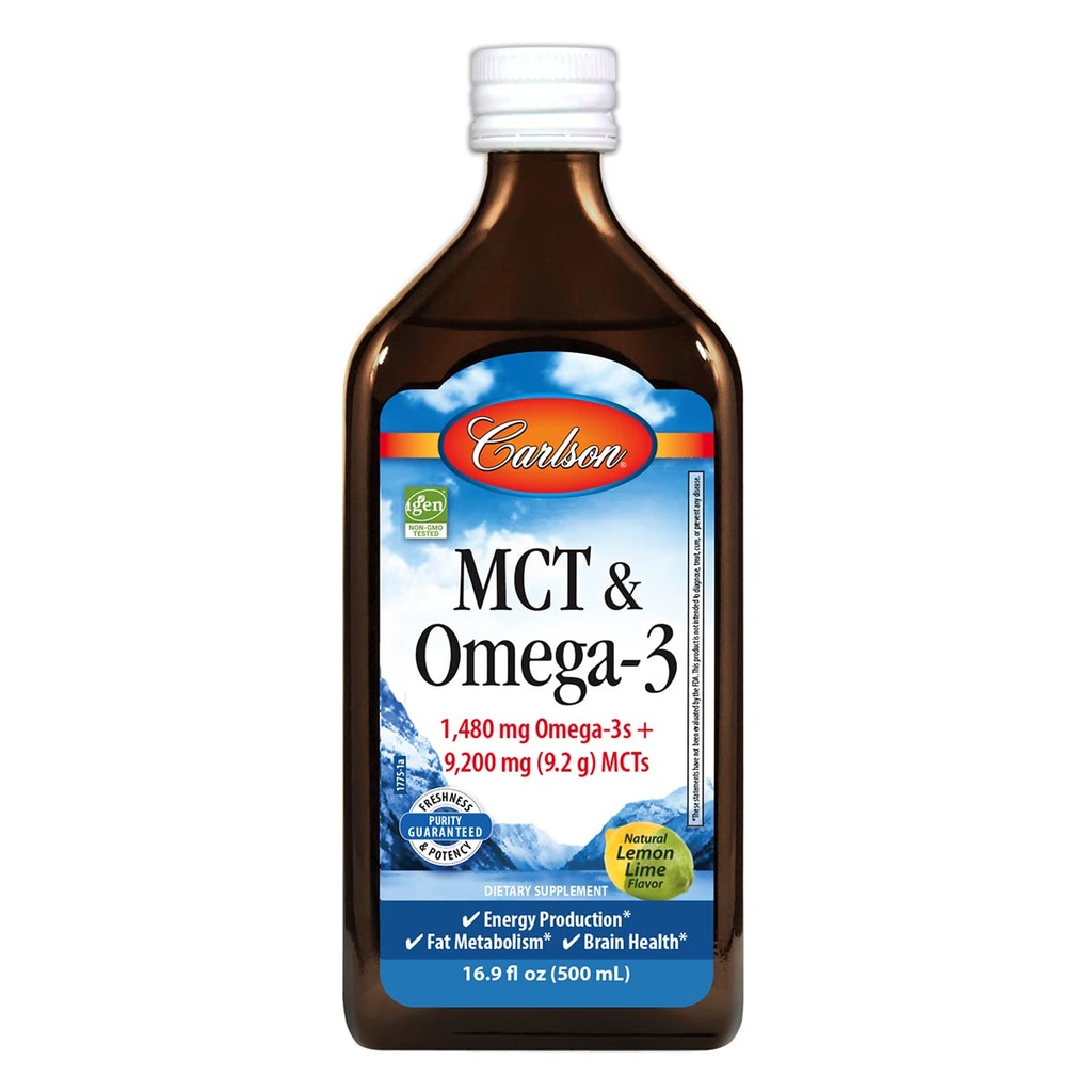 Carlson - MCT & Omega-3, 1480 mg Omega-3s, 9200 mg MCTs, Keto- Friendly, Capril & Capric Acids, Energy Production, Fat Metabolizmus, Lemon- Lime, 500 ml (16.9 Fl Oz)