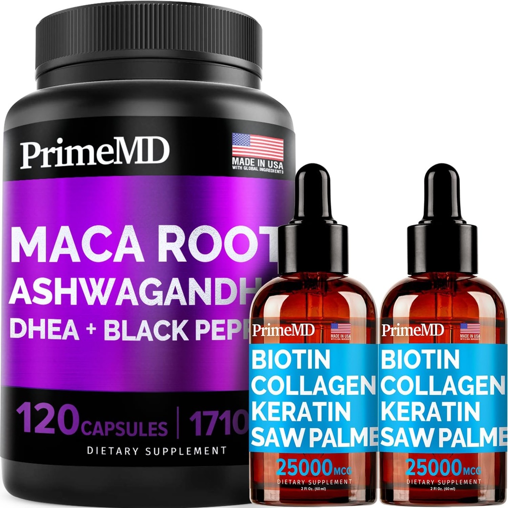 4- in-1 Liquid Biotin Kolagen Keratin Saw Palmetto Drops (2 fl oz - 2 Pack) & 6- in-1 Maca Root Ashwagandha w Black Pepper Fruit (120ct) Bundle - vlasy, kůže, hřebíky, energie a mood Supplement