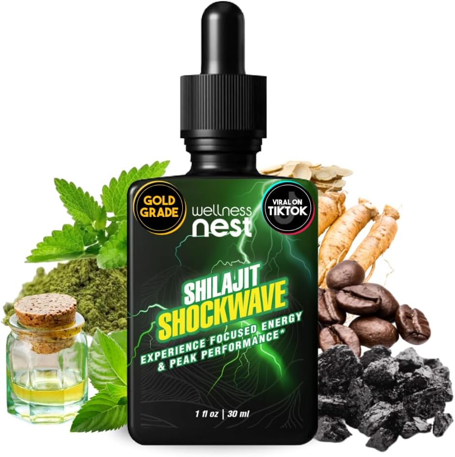 Wellness Nest Shilajit Shockwave Drops: Energy Drops, Focus Drops - Pure Himalayan Shilajit with Natural Tulsi, Panax Ginseng, Peppermint, Japanmint Supercharge Your Day - 30 Sluhy
