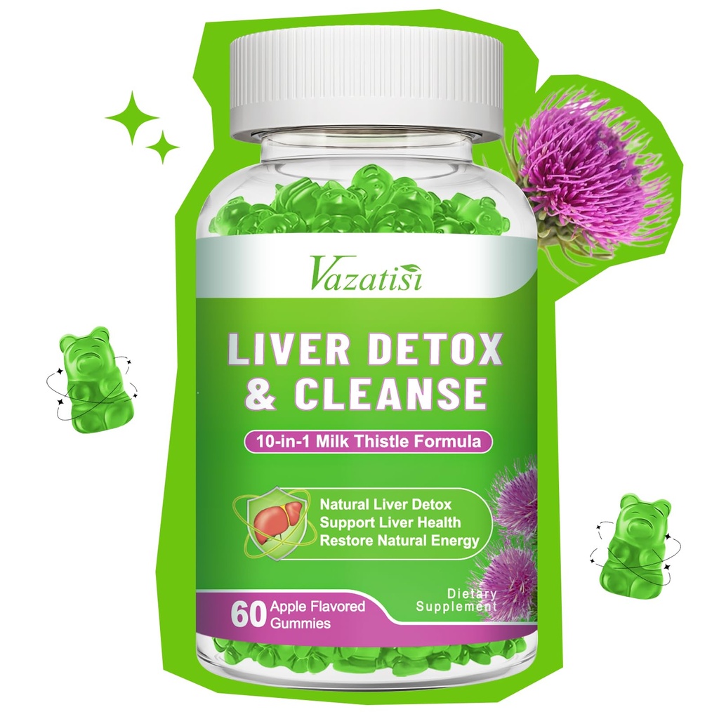 Mléko Thistle Gummies pro dospělé děti. Jaterní čištění Detox Opravy Gummies, Mléko Thistle Extract dodatek pro podporu jater trávicí antioxidant, 60ct Apple Flavor