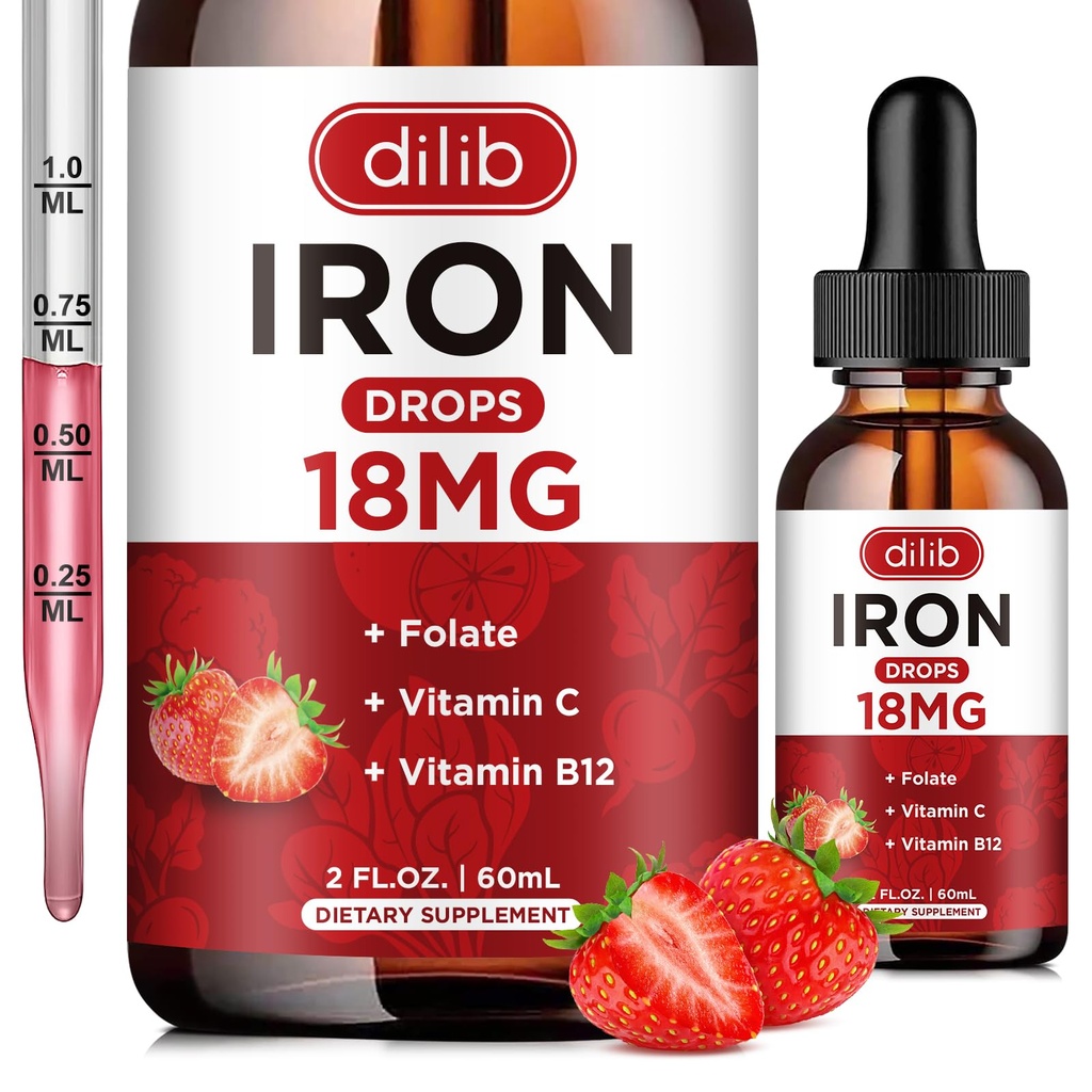 Liquid železo dodatek pro ženy a muže Železné Kapky Železné doplňky pro anémie s folátem, Vitamin C, B12 pro červené krvinky Support- Strawberry, 2 Fl Oz