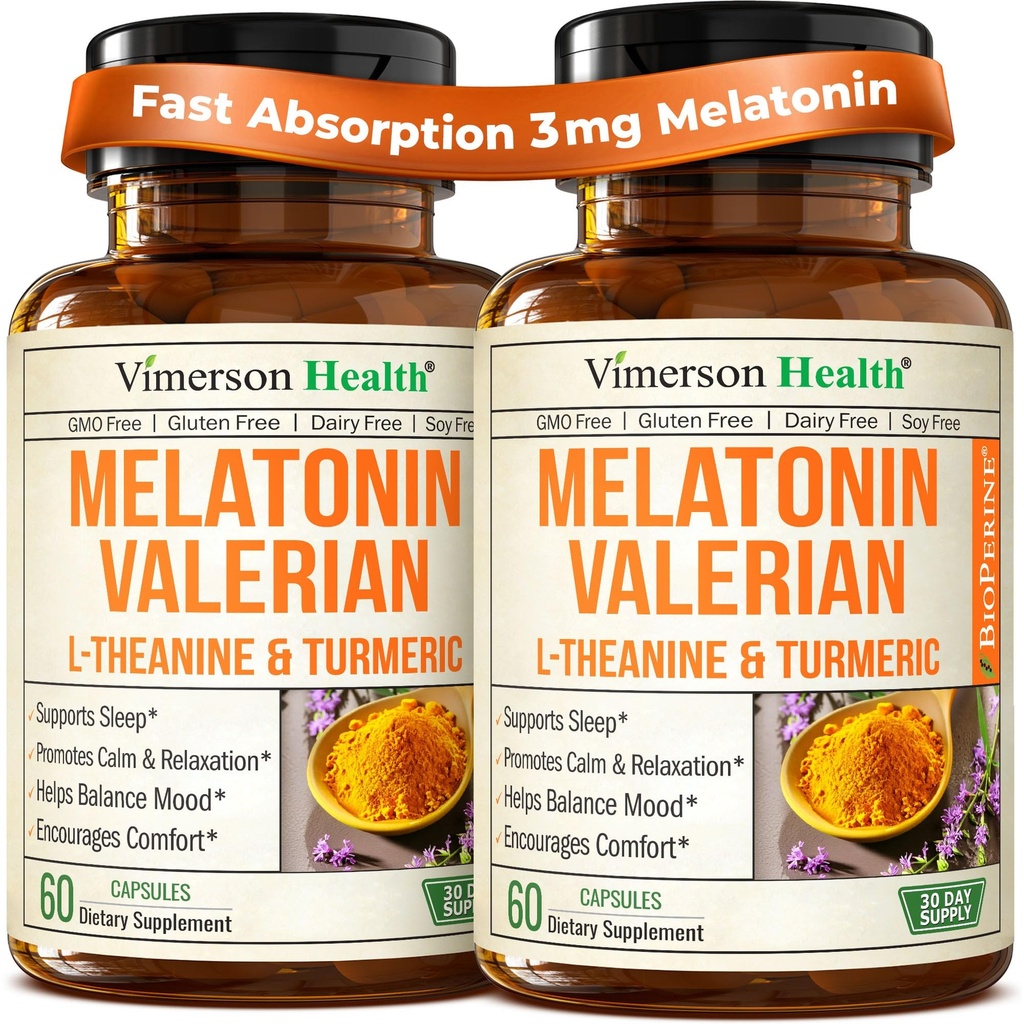 Melatonin Sleep Aid with L Theanin & Valerian Root - Kurkumin kurkumin se zázvorem & Black Pepper - L- Theanin & Melatonin 3 mg pro spánek, klid a stres Relief - 2 Pack