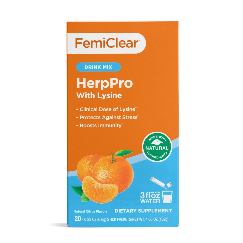 FemiClear HerpPro Drink Mix, s L-Lysin 3000mg, zinek, vitaminy A & C, Ashwagandha, Imunity & Stress dodatek pro ženy a muže, 20 Stick Packets