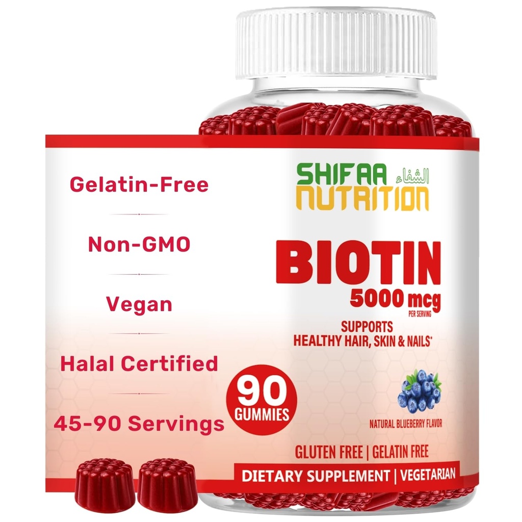 SHIFAA NUTRITION Vegan Biotin Gummies for Adult & Kids '124; 90 Gummies' 124; 5000 mcg 45 Servings '124; Non-GMO' 124; Gluten, želatina, arašídy, vejce a mléčné výrobky zdarma 124; Biotin Gummy vitamíny pro vlasy, kůže a nehty Halal
