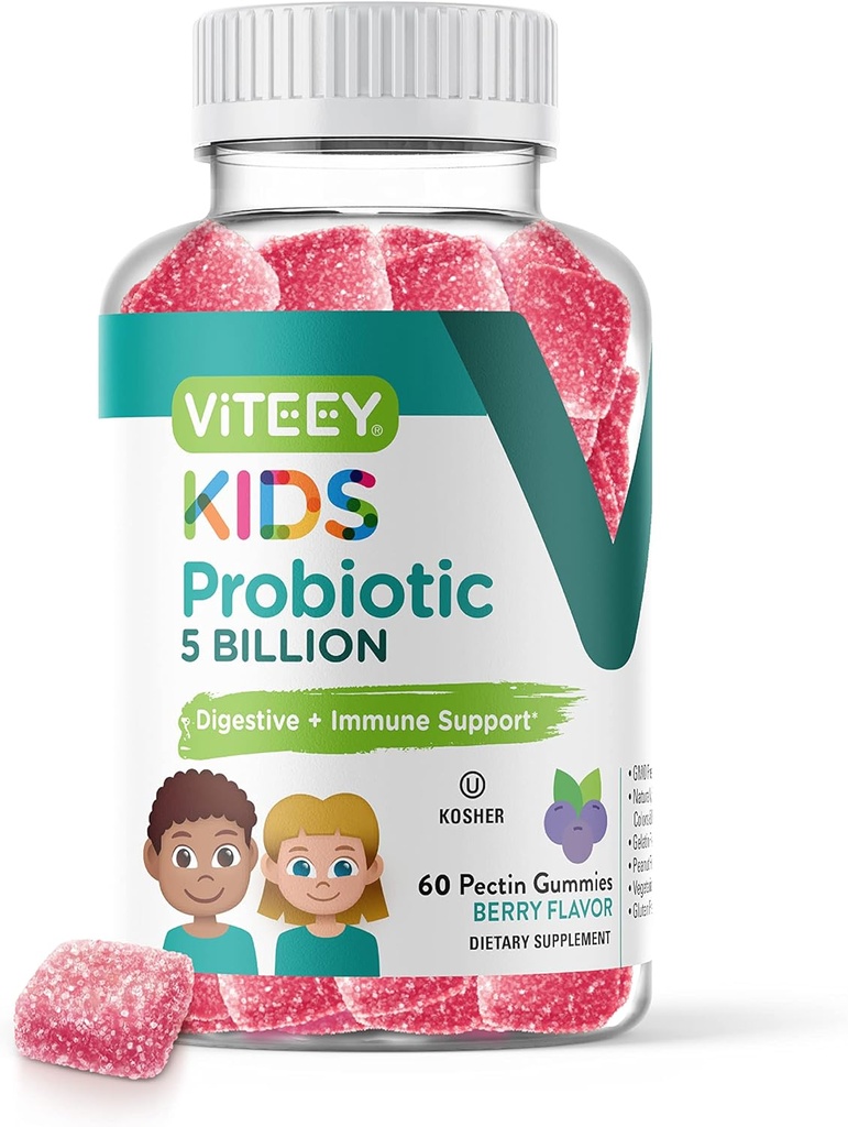 Viteey Probiotické gumy pro děti - 5 miliard CFU - Probiotika Děti Zácpa Relief, Natural Imunitary & Digestive Health Support - Vegetarian, želatina zdarma, GMO zdarma - Chutné Berry Ochucené Gummy