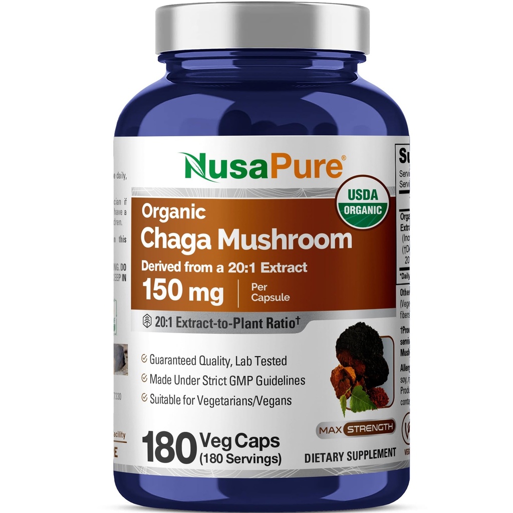 NusaPure Chaga Houba 20: 1 Extract, 150 mg Ekvivalentní k 3,000mg na jednu kapsli Veggie, 180 Count, USDA Organic, Vegan, Non- GMO