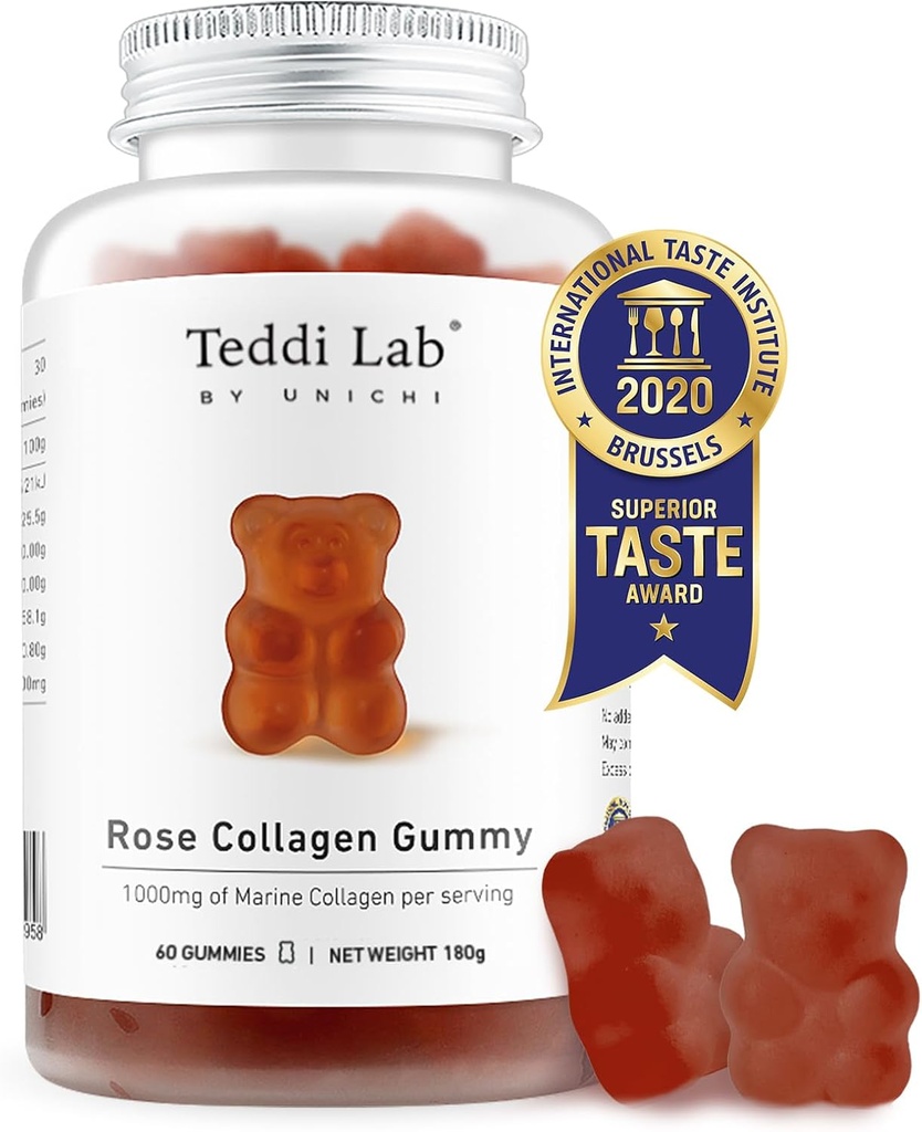 Unichi Rose kolagen Gummy, 1000mg High- Volume Marine kolagen Gummy doplňky pro ženy s kolagen Peptidy, Rose Petals, Acerola Cherry, Rosehip, 60 Počet
