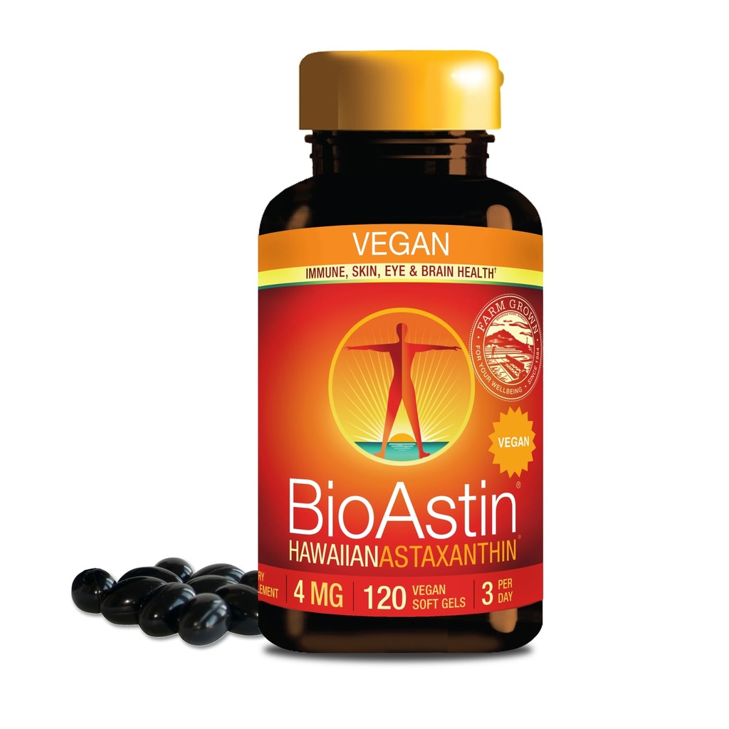 Nutrex Hawaii Vegan BioAstin Hawaiian Astaxanthin - 4mg, 120 Softgels - Farm- Direct Premium Antioxidant dodatek k podpoře očí, kůže, společné a imunitní systém zdraví - Vegan, Non- GMO & Gluten- Free