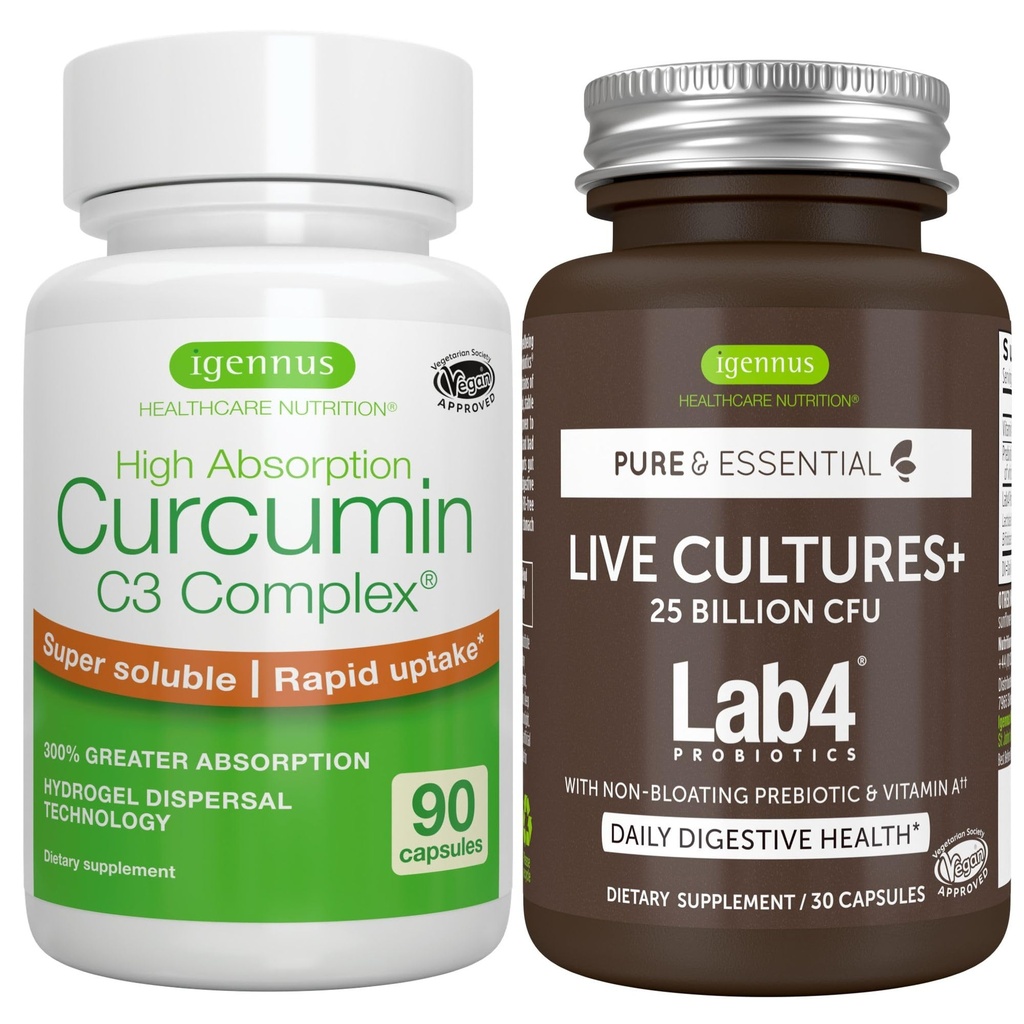 Živé kultury + Lab4 Probiotika + vysoká absorpční Curcumin C3 Complex Vegan Bundle, 25 miliard CFU Probiotic, Non- Bloating Prebiotic + 300% větší absorpční Curcuminoidy s Rapid Uptake, Igennus
