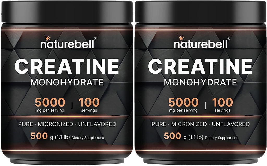 NatureBell 2 Pack Creatine Monohydrát prášek 500g, 5,000mg Per Serving 124; Mikronizované, čisté a bez příchutí 124; Předcvičení Muscle Support 124; Keto, Vegan, Filler- zdarma 124; 200 Služeb (2.2 lb)