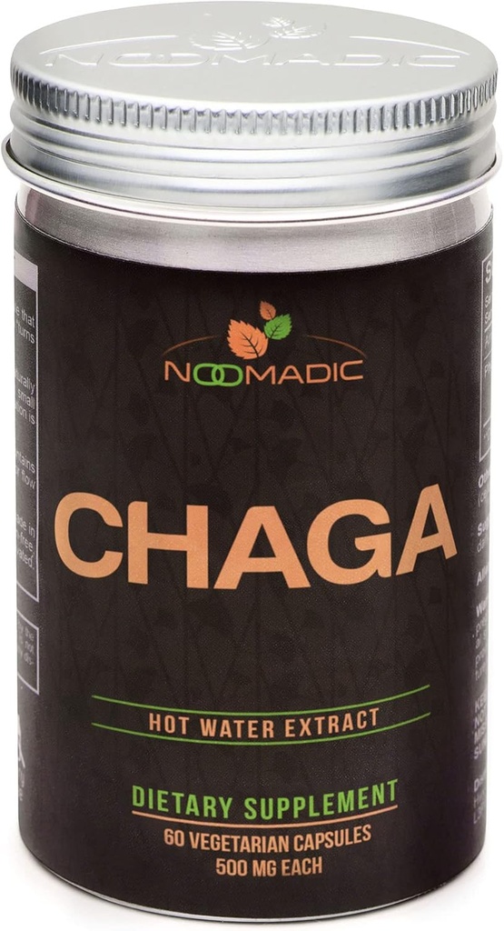 Noomadic Chaga Houba, 60 Kapsle, 500mg Jedna, Antioxidant & Imunitní Podpora, Výtažek teplé vody, Ovocná tělesa, 30% Beta- D- Glukans