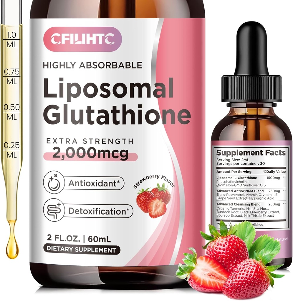 Lipozomální Glutathione Liquid Drops, Glutathione Liquid Supplement, Aktivní forma L- Glutathione, s vitaminem C, Játra Detox, Antioxidant pro antiaging, Imunity & Cleansing, Strawberry Flavor, 2 FL.OZ