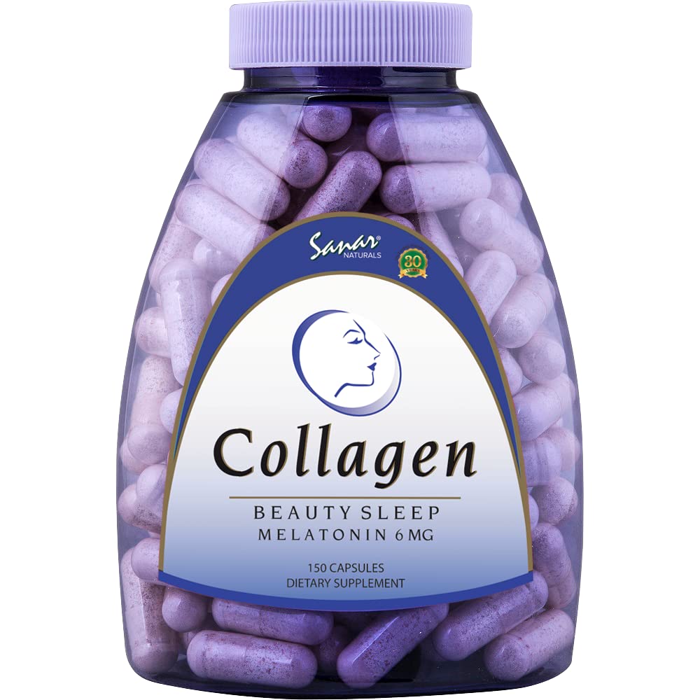 Sanar Naturals Kolagen Pills Beauty Sleep with Melatonin 6 mg - Zvyšování vlasů Kožní nehty Sponky - Hydrolyzované Kolagen Peptidy Dodatek, 150 Kapsle