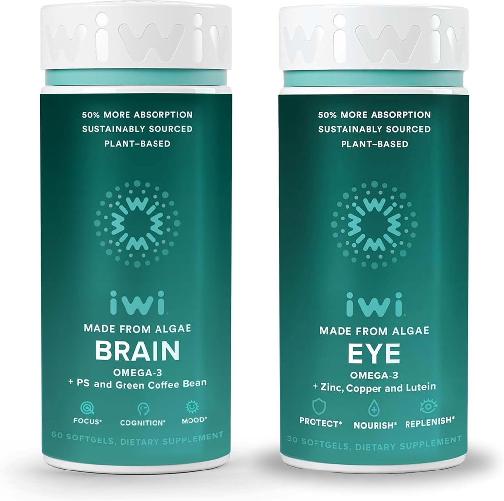 Iwi Life Brain & Eye Omega33 Bundle, 30 Servings, Vegan Plant- Based Algae Omega 3 s EPA + DHA, Krill & Fish Oil Alternative, No Fishy After taste