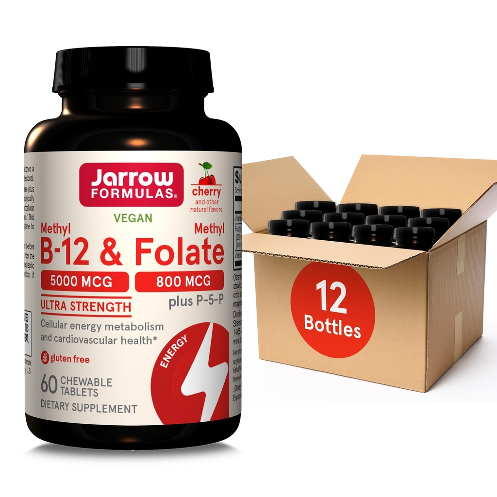Jarrow Displaas Ultra Strength Methyl B-12 5000 mcg & Methyl Folate 800 mcg + P-5-P, dodatek pro metabolismus a kardiovaskulární podporu, 60 žvýkací tablety, 60 denní zásoba, 12 balení
