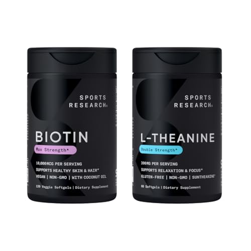 Sportovní výzkum Vegan Biotin 10,000mcg s Coconut Oil Max Síla Vitamin B7 120 Softgels (4 Měsíční dodávky) a Double Strength L- Theanine dodatek pro zaměření, relaxaci a bdělost 200mg 60 Počet