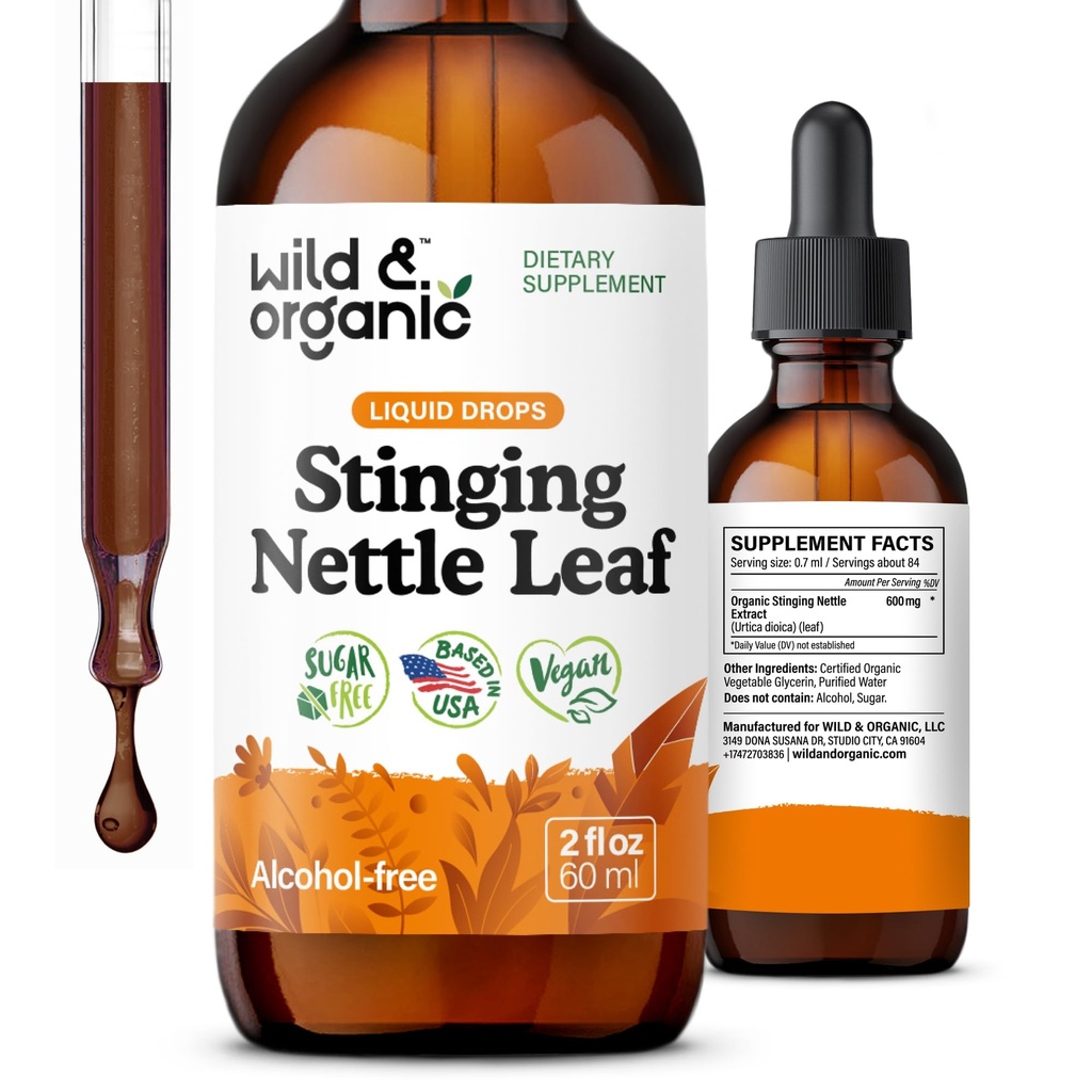 Wild & Organic String Nettle Leaf Extract Drops - Podpora močových cest - Liquid String Nettle Supplement - Urtica Dioica Tincture - 2-Month Supply - Vegan, Sugar & Alcohol- Free - 2 fl oz