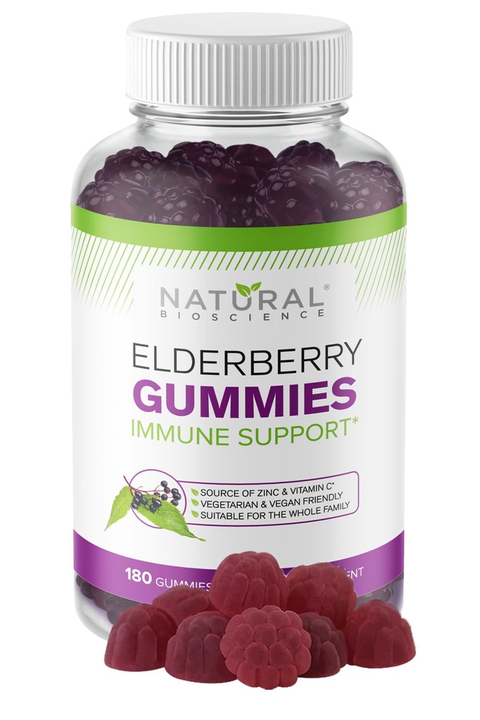 Natural BioScience Sambucus Elderberry Gummies with Vitamin C & Zinek, Imunitní podpora pro dospělé a děti, Denní antioxidant & Wellness Boost, 180 Vegan, gluten- Free, Žvýkací Elderberry Gummies