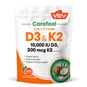 VEV Korefeel Vitamin D3 K2, 10 000 IU D3, 200mcg K2 (s MK7), podporuje zdraví kostí a zubů, duální výživová podpora denního wellness, snadné spolknutí - 300 tobolek