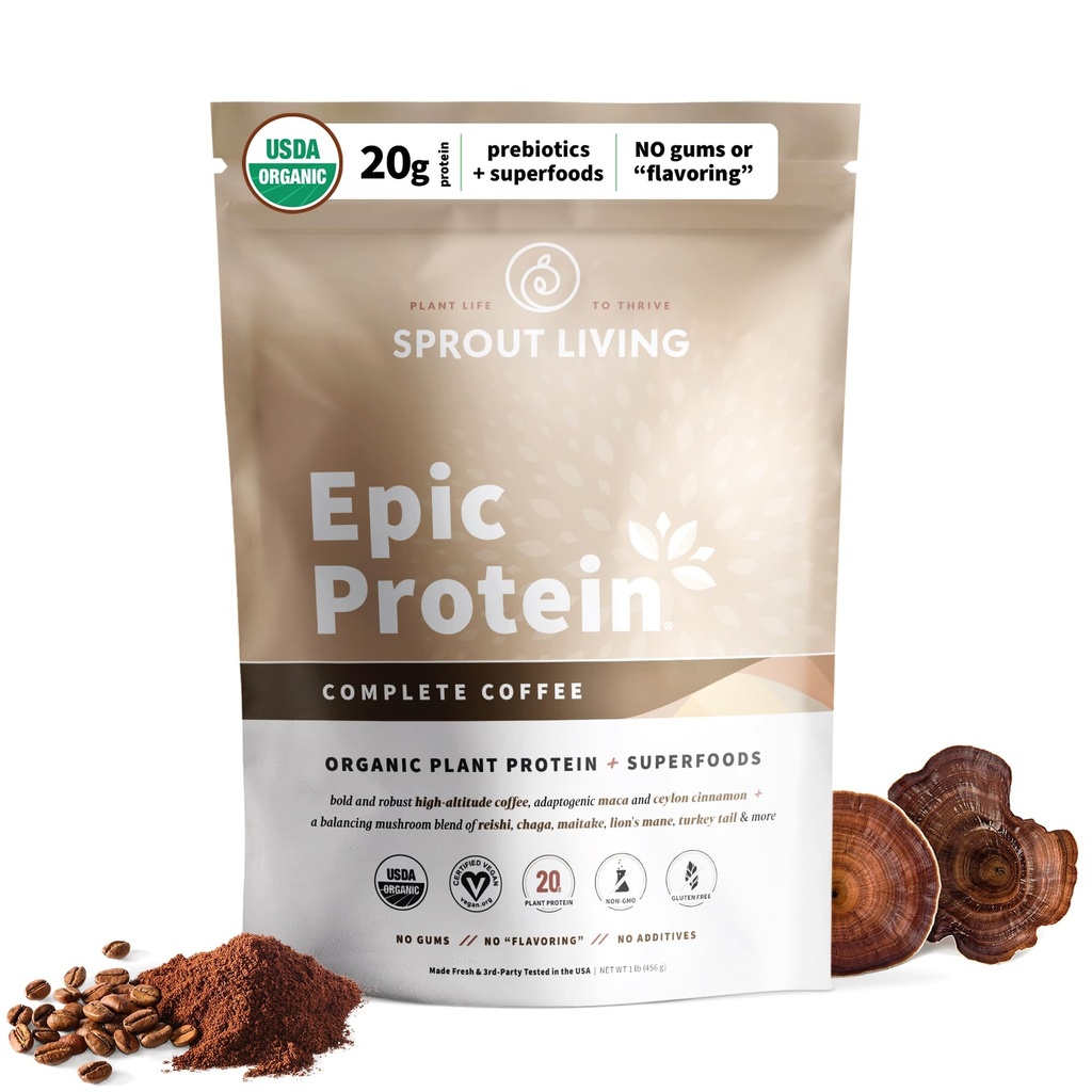 Sprout Living, Epic Protein, Plant Based Protein & Superfoods Powder, Kompletní káva 124; 20 Grams Organic Protein Powder, Adaptogens, Houby, Vegan, Non- GMO, Gluten Free (1 libra, 12 Služeb)