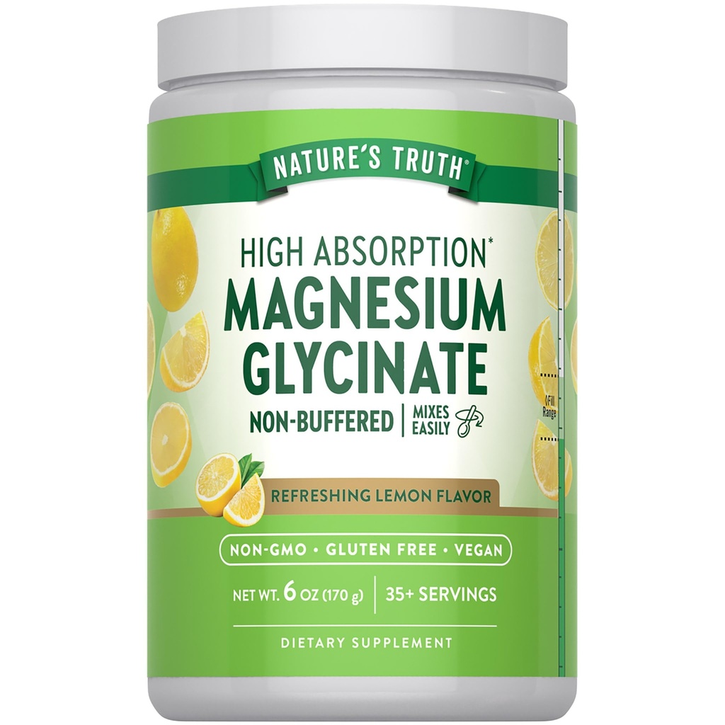 Nature 's Truth Magnesium Glycinate Powder 124; 6 oz Glycinát 124; Lemon Flavor 124; High Absorption CL124; Vegan, Non- GMO, gluten zdarma dodatek