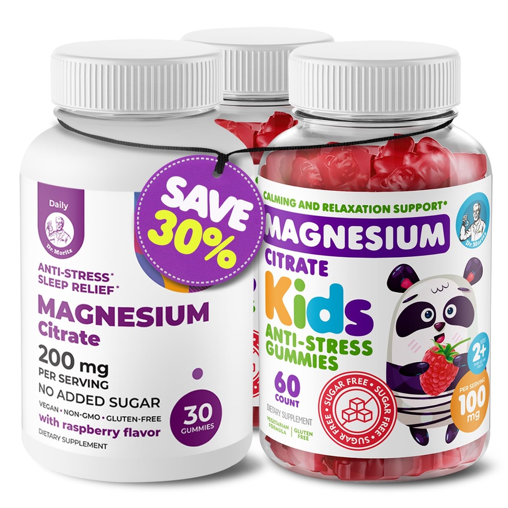 Dr. MORITZ Magnesium Bundle - Gumy pro dospělé (200mg, 30 Počet) a děti Magnesium gumy (60 Počet, 2 Pack) - Sugar- bez