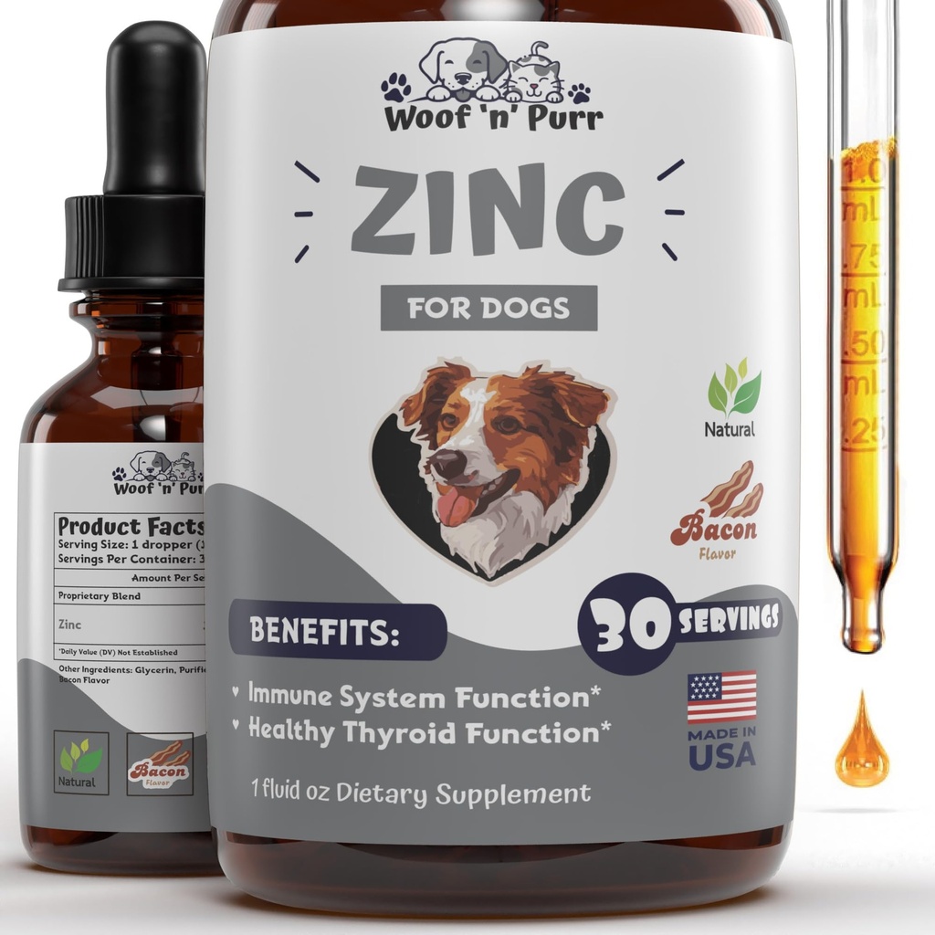 Zinek pro psy - Doplněk pro psy - Pomáhá podporovat zdravou pleť, kabát, imunitní zdraví a další - Dog Zinek - Dog Skin and Coat Doplněk pro psy - Kůže a Coat Doplněk pro psy - 1 fl oz - Bacon Flavor