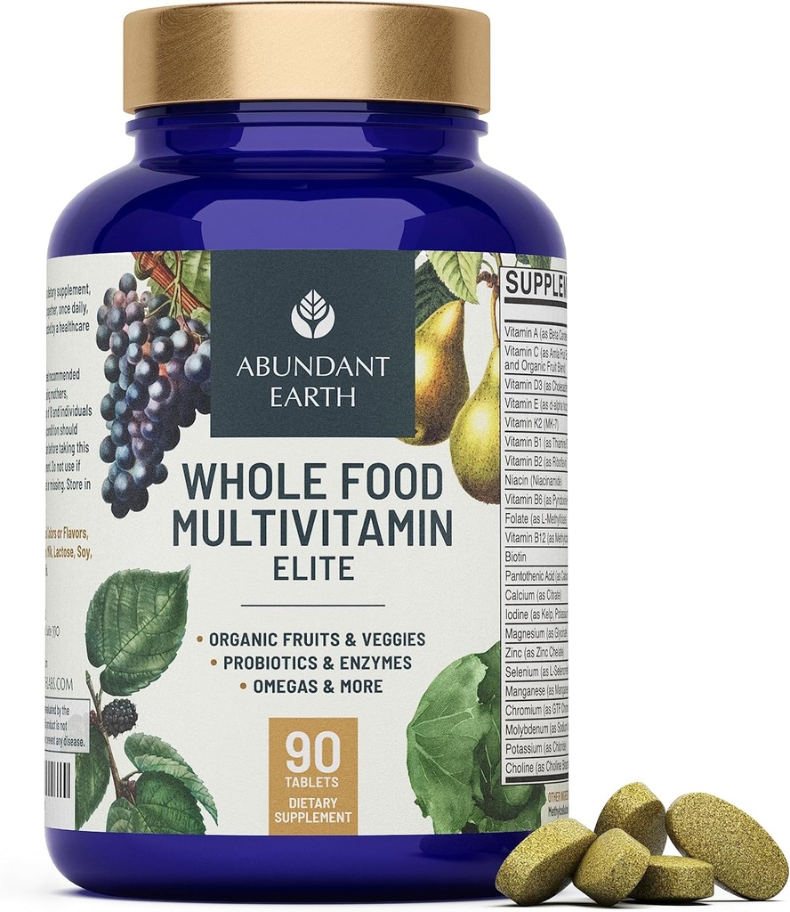Abundant Earth All Food Multivitamin pro ženy Daily Multi Vitamíny Doplňky pro muže Mens Multivitamins + B Complex, Probiotic Multi enzyme, Omegas pro organickou energii Mood Digestion 90ct- 4pk