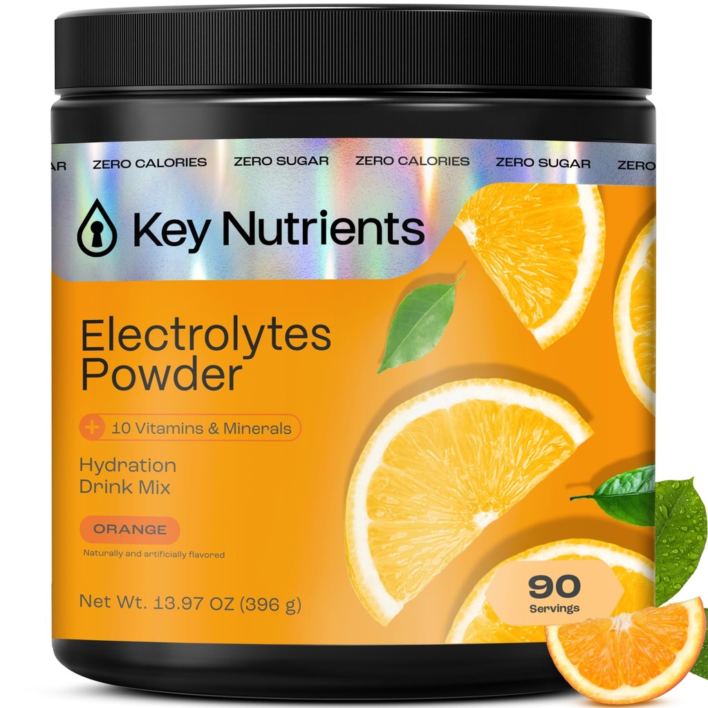 KEY NUTRIENTY Multivitamin Electrolytes Powder No Sugar - Tangy Orange Electrolyte Powder - Endurance & Energy Supplement - Hydration Powder - No Calories - 90 Servings - Made in USA