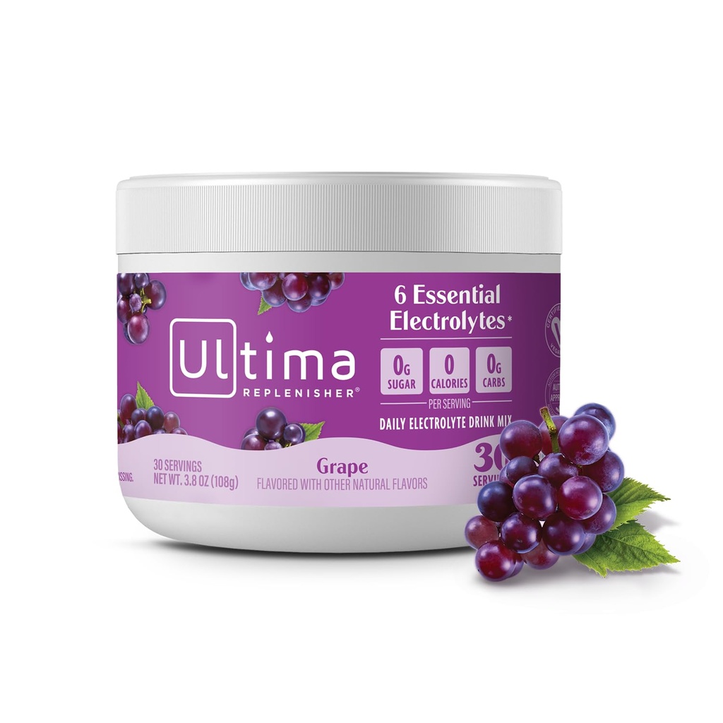 Ultima Replenisher Daily Electrolyte Powder Drink Mix - Sugar Free - Grape, 30 Servings - Hydration Powder with 6 Key Electrolytes and Trace Minerals - Keto Friendly, Vegan, Non- GMO