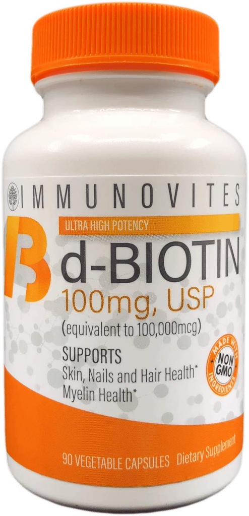 Vysoká dávka přípravku IMUNOVITES Biotin (jako d- Biotin, USP) 100mg (Ekvivalentní pro 100 000 mcg) 90 Kapsle, Vysoká účinnost