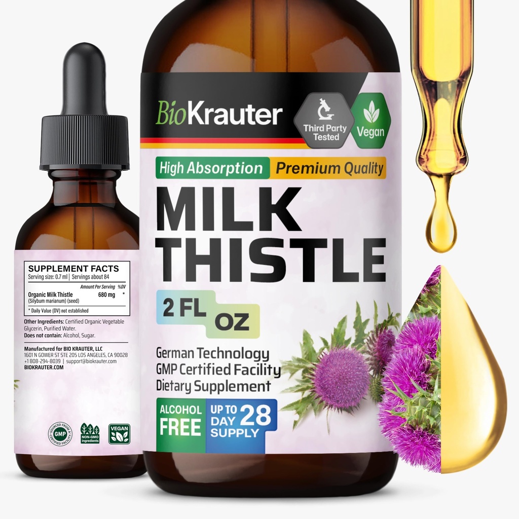 BIO KRAUTER Milk Thistle Liquid Drops - Milk Thistle Silymarin Játra Support Supplementary - Alkohol & cukr zdarma tinktura pro vyčištění jater Detox - 2 Fl. Oz.