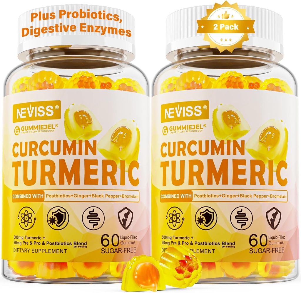 Sugar Free Turmeric Curcumin Filled Gummies 550mg pro dospělé, Ginger & Black Pepper curminoidy w / Prebiotic Probiotic & Postbiotic Blend, Podpora, Imunity & Digestive Health, Vegan, 2Pack