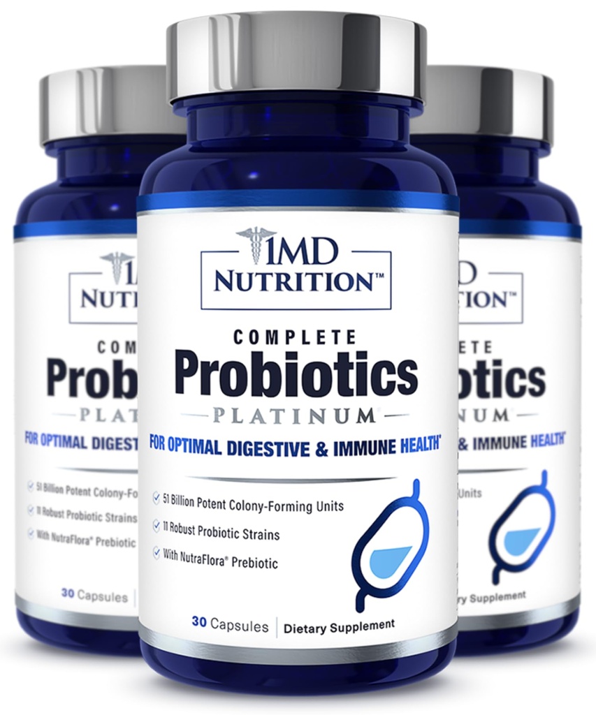 1MD Kompletní Probiotika Platinum 124; Podporuje trávicí zdraví 124; s nurishing Prebiotics, 51 Bilion Live CFU, 11 Strains, Dairy- Free 124; 30 Zeleninové kapsle (3- balení)