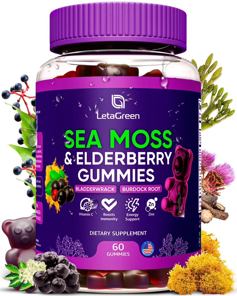 Irish Moss Gummies - Bladderwrack Burdock Root Elderberry Vitamin C & Zinc - 60 Vegan Seamoss Gummy Bears pro dospělé děti ženy - Multiminerální Elderberry Vitamíny
