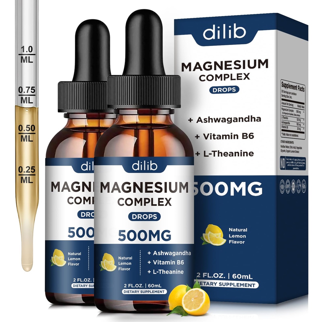 (2 Pack) Glycinát hořečnatý, Citrát, Malate Liquid Drops- Triple Magnesium Complex Dodatek 500mg s Ashwagandha, L-Theanine, Vitamin B6-Support Calm, Stress Relief, Spánek, Muscle-Lemon Flavor