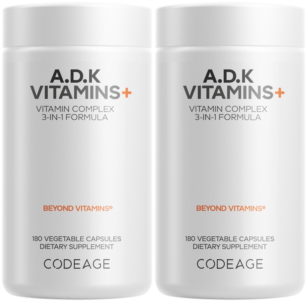 Doplněk k vitaminům Codeage ADK - Esenciální vitamín A, D3 5000 IU, K1 & K2 (MK4 & MK7) - 6- měsíční zásoba - 1 tobolka per Serving, Non- GMO, gluten- Free - 2- Pack